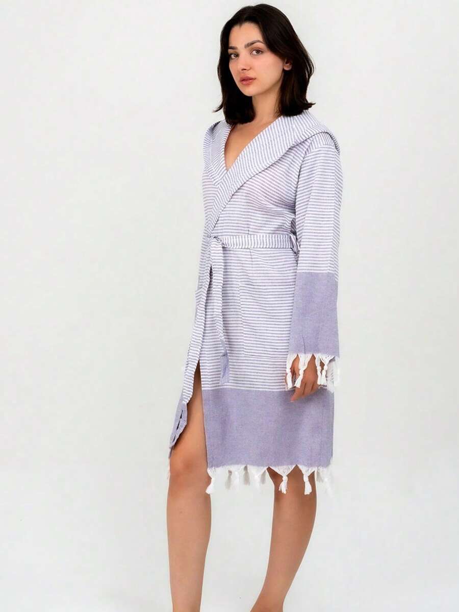 MADE IN TURKEY – Bathrobe – %80 Cotton %20 Polyester – Soft And Absorbent Spa Robe With Belt And Pockets – Sizes: S / M / L – Lightweight And Quick Dry - Purple - View 1