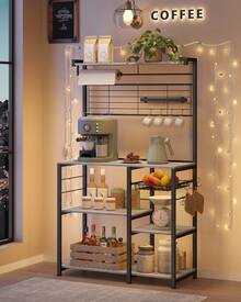Étagère de Cuisine, Meuble de Rangement, Îlot de Cuisine avec Support Magnétique pour Couteaux, Panier Métallique, Support pour Essuie-Tout, 12 Crochets, Grège et Noir - Marron + Noir - Voir 1