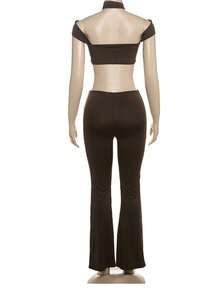 Cropped Neck Tight Fitted Crop Top And Flare Leg Pants Two Pieces Set - Coffee Brown - View 8
