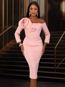 Đầm nữ tay lửng 3/4 cổ lệch, ôm dáng, họa tiết hoa, thanh lịch mùa xuân. - Màu Hồng baby - Xem 6