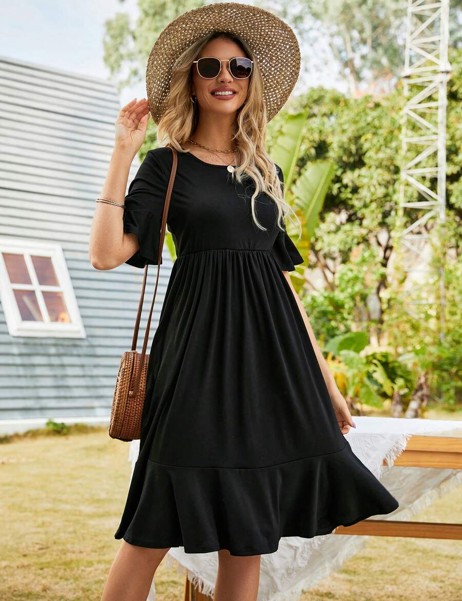 Yesfashion Women's Summer Empire Waist Dress Smocked Flutter Short Sleeve V Neck Midi Dresses - Black - View 1