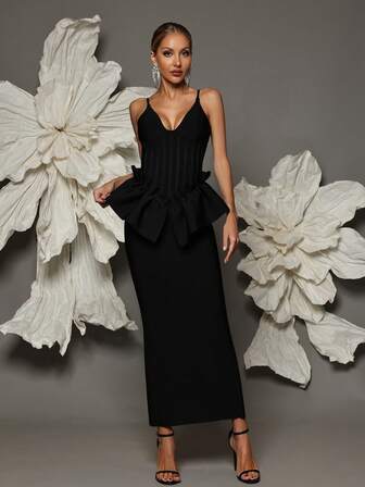 手工褶饰细肩带紧身连衣裙，性感优雅正式鸡尾酒会俱乐部服装