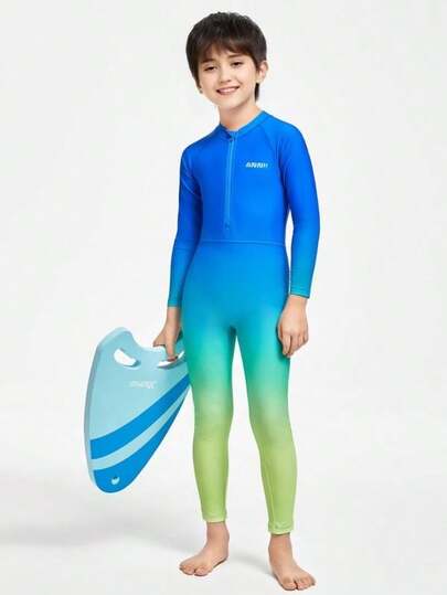 Annil 男童女童连体长袖长裤泳衣泳帽套装夏季弹力保守舒适