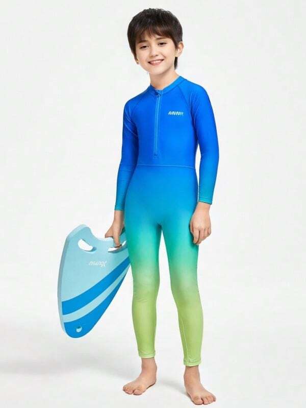Annil Set de costum de baie și cască de baie dintr-o singură bucată, cu mânecă lungă, pentru băieți și fete, pentru elasticitate de vară, conservatoare și confortabilă
