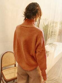 Knit Mix Women Solid High Neck Drop Shoulder Jumper - Orange - View 3