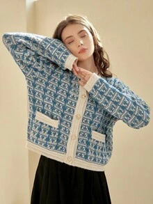 Knit Mix Women's Knitted Geometric Pattern Commuter Shirt, Suitable For Autumn/Winter, Round Neck Long Sleeve With Pocket, Regular Loose Fit, Comfortable, Back To School Season - Blue and White - View 9