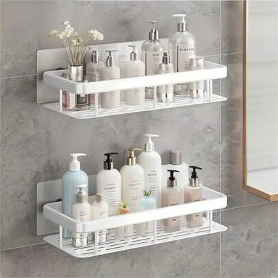 1pc/2pcs Wall Mounted Shower Rack, Thickened Large Capacity, Durable Plastic, No Drilling Required For Installation, Stick-On Bathroom Shower Rack, Floating Shelf For Bathroom And Kitchen, Storage Rack, Space Saving, Easy To Install, For Storing Toiletries, Cosmetics And Sundries, Toilet, Restroom, Dressing Table, Shower Room