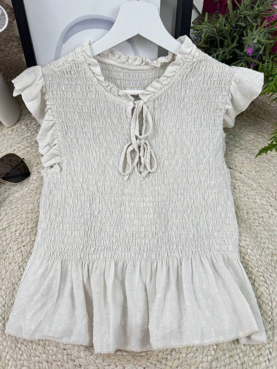 Women's Glitter Party Top With Ruffle Hem For Daily Summer - 米色 - 查看 1