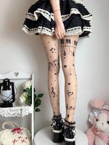 1pc Y2K Sexy Music Note Print Pantyhose, Lightweight For Spring/Summer - Multicolor - View 2