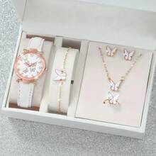 6 pièces Montres pour femmes, cadran simple avec chiffres et aiguilles papillon, montre à quartz ronde. Ensemble de montres, collier, bracelet, bague, boucles d'oreilles. Cadeau pour fête, mariage, vacances à la plage, Saint-Valentin