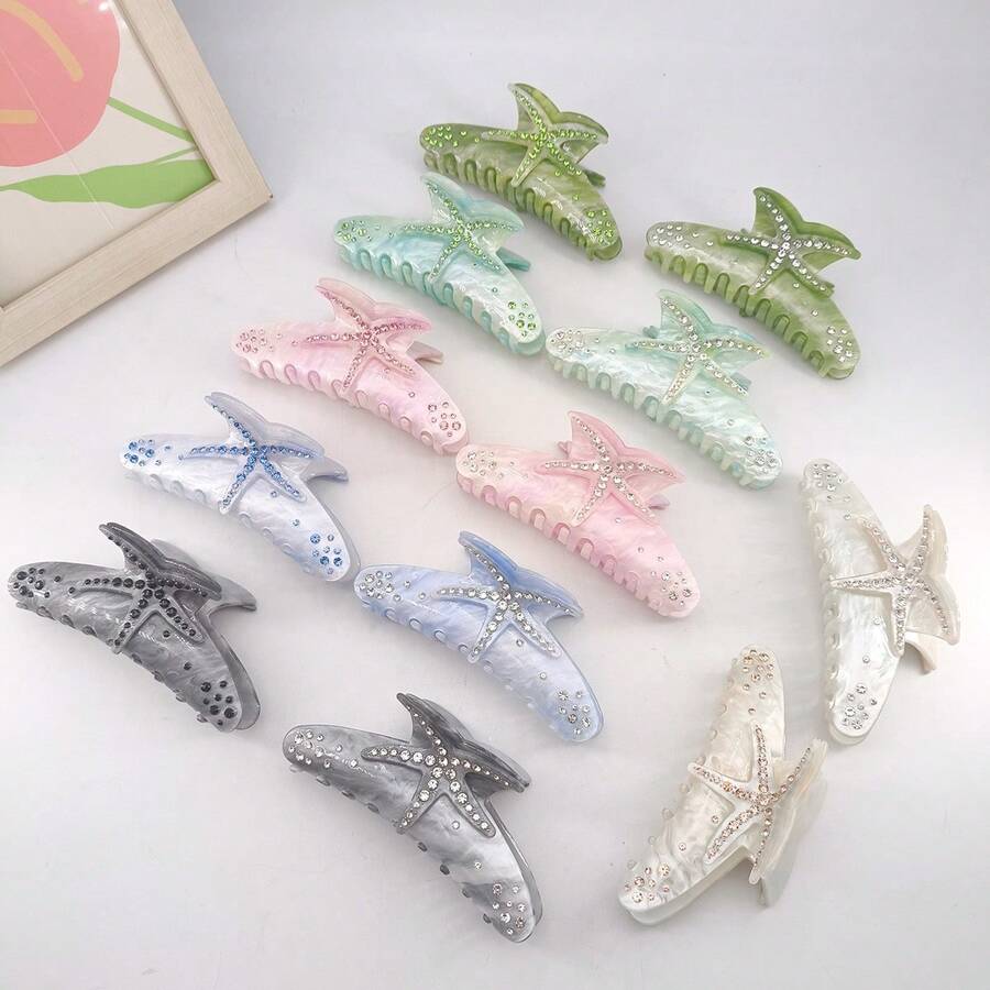 1pc Bag Starfish 12cm Fully Rhinestoned Elegant Acetate Hair Claw Clip, Suitable For Everyday Wear - Violet Purple - View 1