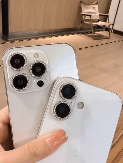 1 set Protector de lente de cámara compatible con iPhone, con anillo de metal brillante con rhinestone y película resistente a los arañazos de dureza 9H, accesorio de moda, funda protectora a prueba de agua, a prueba de golpes, antichoque y antihuellas dactilares de cobertura completa, fácil de usar
