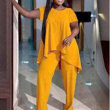 Women's Plus Size Pant Suits 2 Piece Outfits Short Sleeve Peplum Top Pockets Wide Pants Sets Business Pantsuits - Dark Cyan - View 4