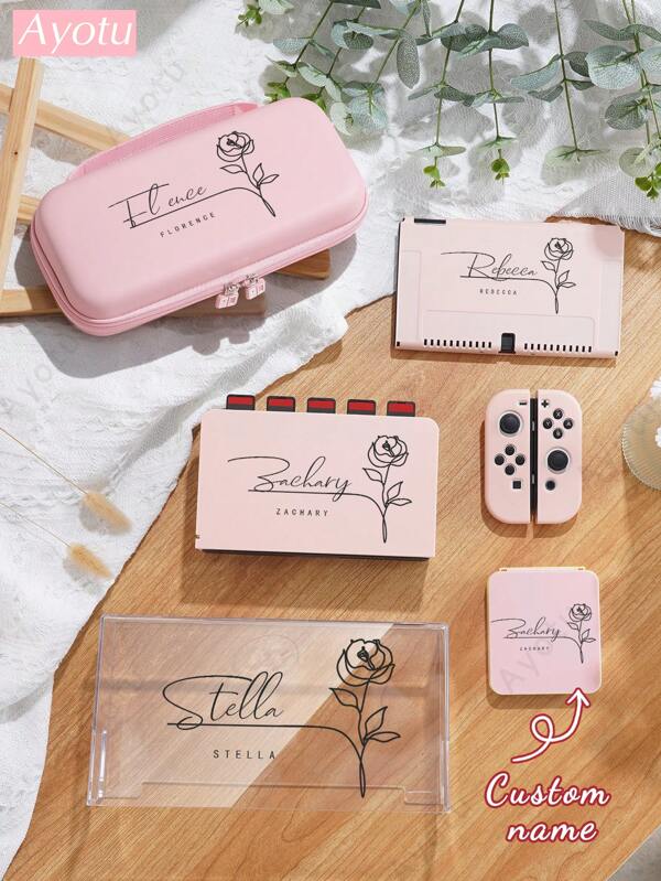 Ayotu Flower Text Customized Switch Protective Case Compatible With Nintendo 2025 New Switch2 7.9 Inches/Switch NS/Switch OLED/Switch Lite, Name Customized Switch Accessories, Including NS Base Cover, Game Card Storage Box