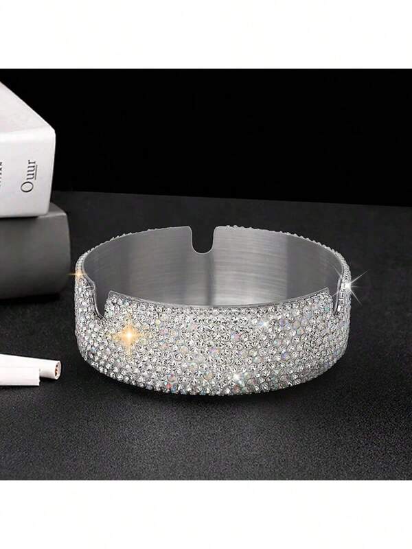 1pc Sparkling Rhinestone Stainless Steel Ashtray, Decorative Desk Ashtray For Bar, Office, Home