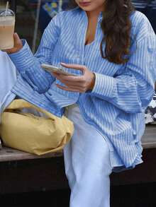 PoPoHouse Women's Plus-Size Shirt Spring Summer Casual Office Commuting Striped Solid Color Front Buckle Long-Sleeved Plus-Size Shirt - Denim Blue - View 3