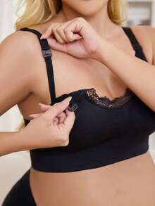 Women Lace Patchwork Front Closure Nursing Bra, Sexy Maternity Bra With Padded, Comfortable Lightweight