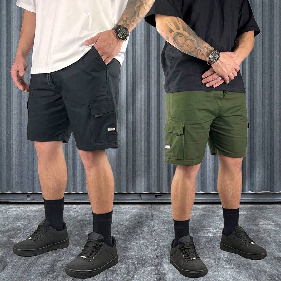 HUNTER CWB 2 Pack Short Cargo Twill Bermuda Shorts Streetwear Casual Slim Side Pockets - 黑色和綠色 - 查看 1