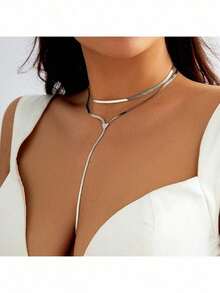 1pc New Design Double-Layer Snake Bone Chain Necklace, Fashion Versatile Choker Necklace For Women - Silver - View 6