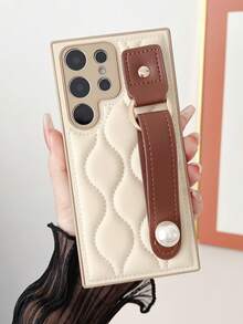 奢华复古波浪羽绒服手机壳适用于三星 Galaxy S24 S25 Ultra S24 Plus S23 Plus S23 Ultra Pearl 腕带支架镜头保护套 - 奶咖色 - 查看 2