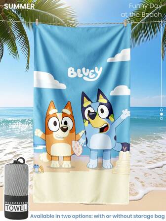  1 件 Bluey 沙滩巾，Bluey 和 Bingo 图案游泳巾，浴巾，时尚风格沙滩巾，超强吸水浴巾，适用于浴室、游泳、健身、瑜伽，柔软舒适的超细纤维毛巾，轻便便携，防风防晒，防沙，适合夏季旅行，假期浴室装饰，可选带或不带储物袋