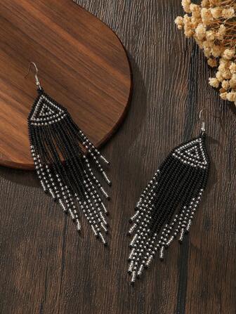 Handmade Beaded Earrings - Bohemian Style Earrings, Vintage Black White Gray Tassel Dangle Earrings, Spring/Summer New, Classic Black Versatile Earrings, Petite Lightweight Everyday Wear, Vacation Matching Earrings, Women Fashion Tassel Earrings, Great Gift For Thanksgiving, Mother's Day, Valentine's Day, Friendship