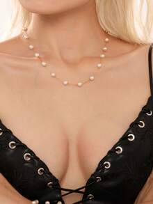 不锈钢仿珍珠 6 毫米高版纹理圆珠锁骨项链手链套装优雅配饰 - 金色 - 查看 3