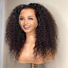 1PS 26inch 180density Long Black Kinky Curly Deep 13*4*1 Lace Front Wigs For Women With Babyhair Preplucked Daily Synthetic Hair Wig - Black - View 6