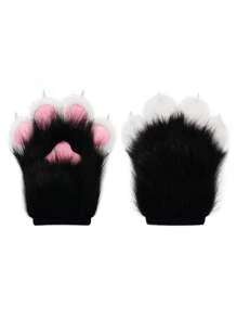 毛茸茸人造毛皮狐狸猫爪手套动物毛皮服装连指手套圣诞节角色扮演服装道具