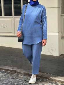 圣诞节宽松休闲中东阿拉伯风格落肩纯色两件套女装，圣诞节服装，新年派对服装，优雅女士套装，休闲女士套装，节日服装，冬季服装 - 藍色 - 查看 4