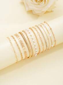 16/12pcs Set Minimalist Heart Faux Pearl Rhinestone Snake Chain Bracelet Set For Women, Suitable For Date, Vacation, Gift, Daily Matching, Party Outfit