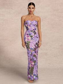 Elegant Sequin Zipper Backless High Slit Party Dress, Suitable For Wedding Guests