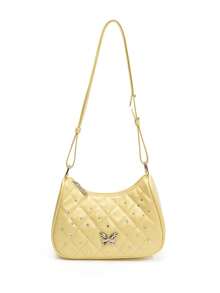 1 Pc New Pu Material Girl's Diamond-Shaped Butterfly Rhinestone Decorated Solid Color Shoulder Bag, With Adjustable Shoulder Strap And Smooth Zipper Opening And Closing, Fashionable, Exquisite, Simple And Beautiful, Suitable For Daily Shopping, Commuting And Vacation - A - View 10