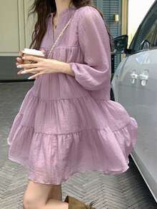 夏季高端法式收腹显瘦时尚别致泡泡袖连衣裙