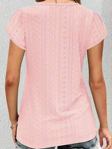 Women's Solid Color V-Neck Hollow Out Short Sleeve Top - Pink - View 2
