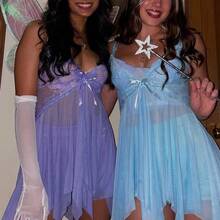 Women Halloween 2Pcs Fairy Costume Set Sexy Spaghetti Strap V Neck Low Cut Lace Sheer Mini Dress & Butterfly Wings Dress Up - Pink - View 9