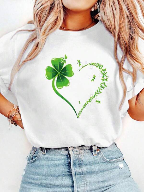 Dames T-shirt met korte mouwen en klavertjevier en hartmotief