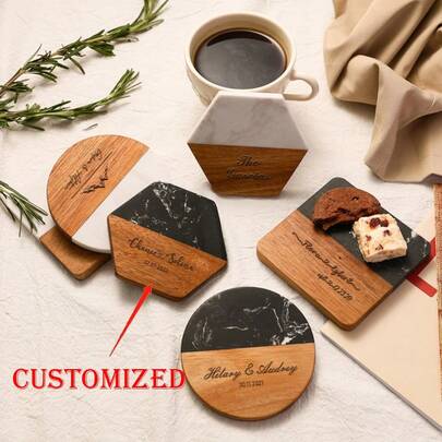 1PC Đế lót ly khắc tên gia đình theo yêu cầu, Đế lót ly bằng gỗ cẩm thạch tùy chỉnh, Quà tặng đám cưới khắc số lượng lớn, Quà đính hôn/đám cưới/tân gia