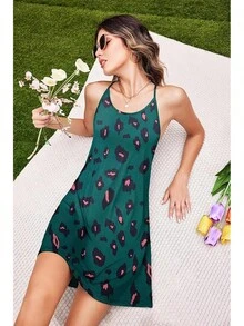 Women's Racerback Sleeveless Nightgown, Sleepwear - Green Leopard - View 3