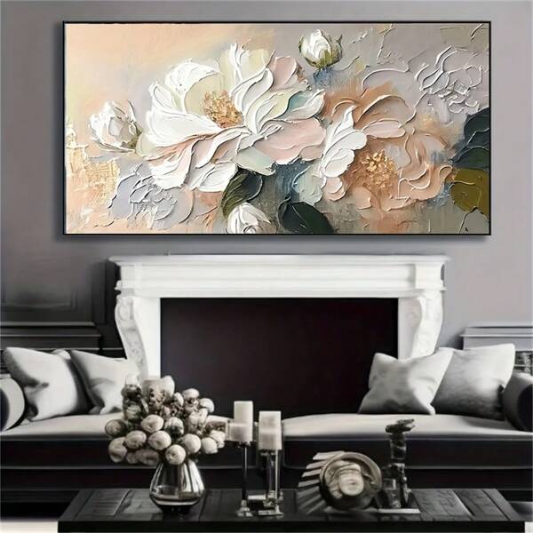 1 peça de pintura de parede em tela sem moldura, textura floral de peônia em branco e rosa, decoração de pôster de parede botânico, decoração de parede moderna sem moldura adequada para sala de estar, quarto, escritório, sala de jantar - decoração de parede elegante, arte de parede, mistura de cores ricas, detalhes intrincados de pétalas