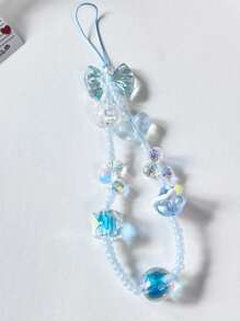 1 pieza Cordón para teléfono móvil con forma de corazón con lazo azul y cuentas hecho a mano, colgante DIY para primavera y verano, cadena para cámara CCD