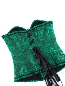 Plus Size Women Floral Jacquard Corset Bustier Top, Backless Strapless Bandeau Blouse For Party - Black Green - View 6