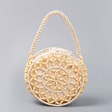 ENSPT Ein Stück braune, gefranste Beutelhandtasche, mit Kordelzug verschlossener gewebter Tasche mit Gras-Muster, Strandtasche für den Urlaub, eine runde Tasche aus kontrastierendem Ahornholz-Material mit abnehmbarer Innentasche, geeignet für Damen am Strand und im Resort, Perlenhandtasche, passend für Damen auf Strand- und Resort-Reisen