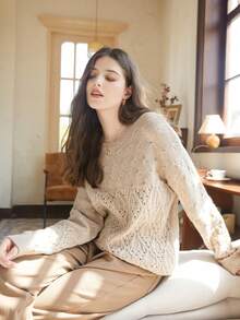 Knit Mix Áo len dệt kim mùa thu/đông, kiểu Pháp, cổ tròn tay dài, màu trơn, dáng rộng, dáng suông, dành cho nữ (Họa tiết ngẫu nhiên) - Cà phê nâu - Xem 6