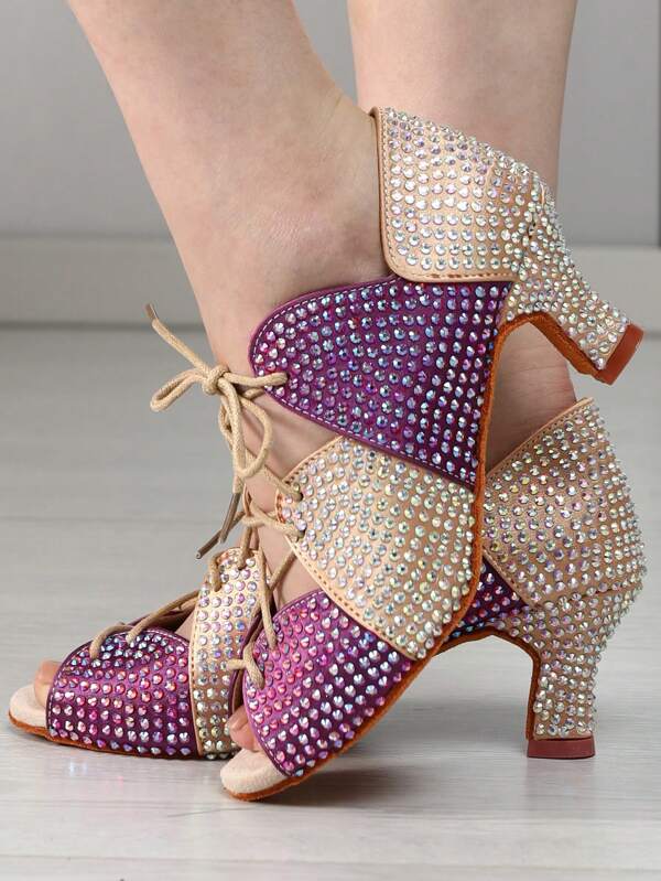 Scarpe da ballo latine luccicanti da donna, design con strass, sandali da ballo con lacci, scarpe da ballo da sala, scarpe da ballo per salsa, performance e balli da sala, scarpe da ballo per feste