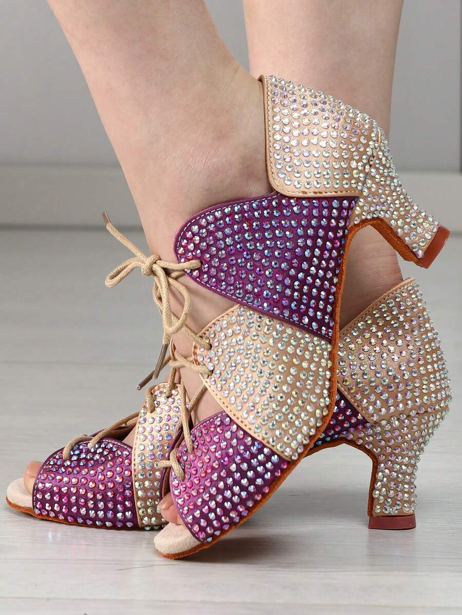 Women's Glitter Latin Dance Shoes Rhinestone Design Lace-Up Dance Sandals Ballroom Dance Shoes Salsa Performance Ballroom Dance Sandals Party Dance Shoes - Purple - View 1