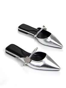 秋冬女士优雅银水晶镶嵌带装饰金属尖头穆勒鞋，舒适的一脚蹬平底鞋，适合日常穿着和派对