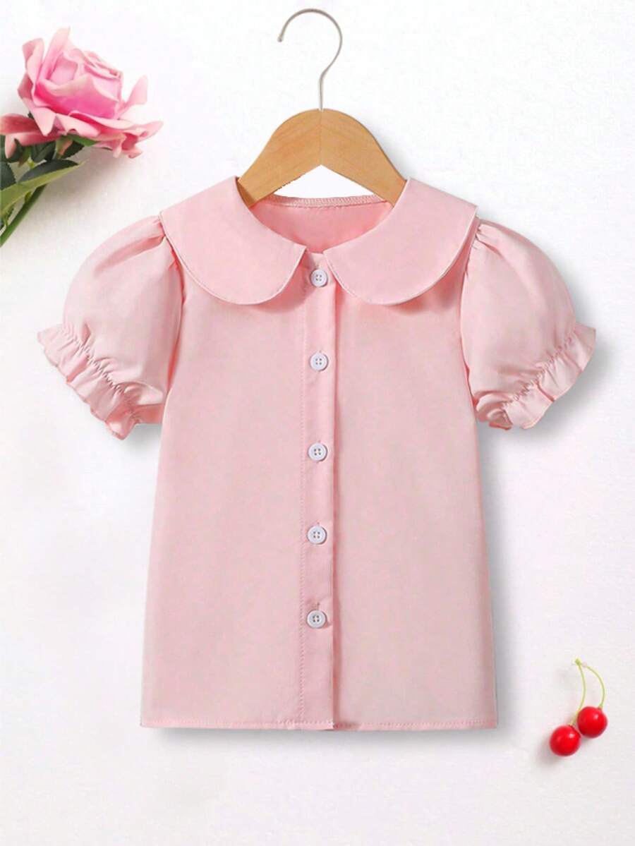 Girls' Academy Style Solid Color Button Shirt With Puffed Sleeves, Spring/Summer