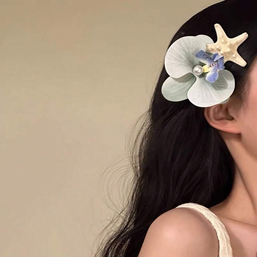 2025 Original [Romantic Island] Summer Seaside Vacation Style Barrettes Butterfly Orchid Starfish Side Clip Hair Accessories - 藍色 - 查看 1