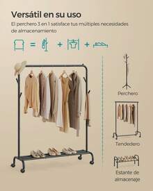 Burro para Ropa, con Ruedas, Perchero Burro con Barra, Estructura de Tubo de Acero, Carga Máx. De 50 kg, Ancho de 103,5 cm, Almacenaje Multifuncional, Negro - Negro - Ver 1